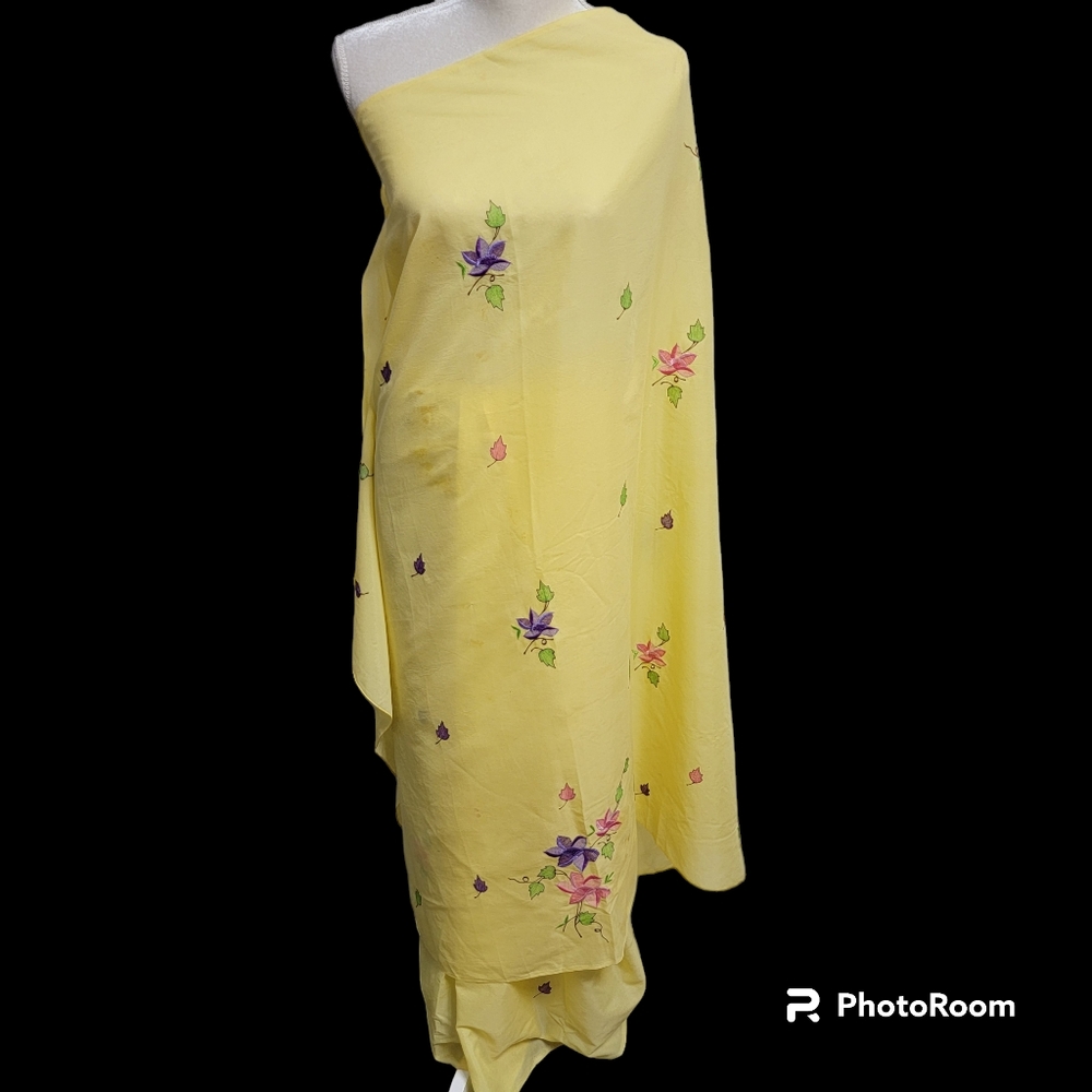 Yellow, pink, purple, green embroidered silk/polyester saree/sari minor stains